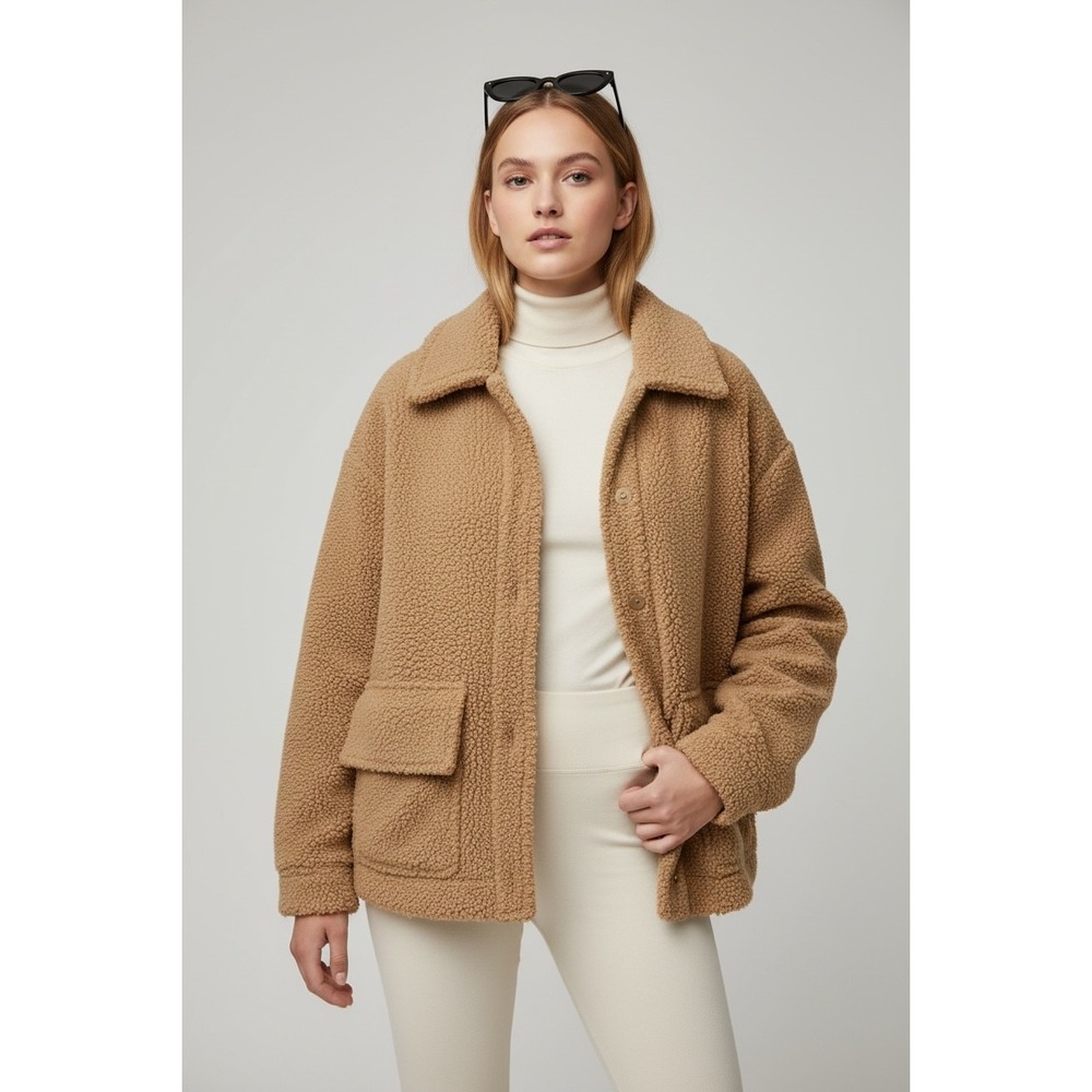 My Style‎ Teddy Sherpa Fleece XL Button Front Shacket Jacket Tan